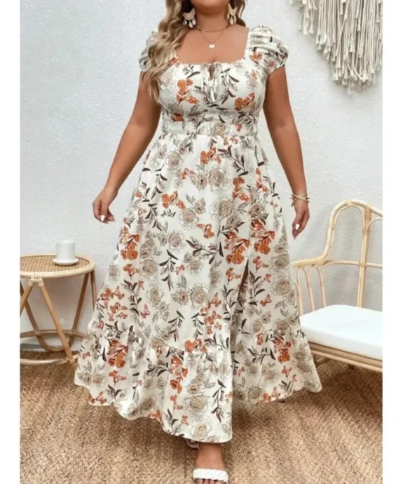 Women's clothing long slit dress plus size suitable for outdoor white flower casual dress plus size women's printed loose fit