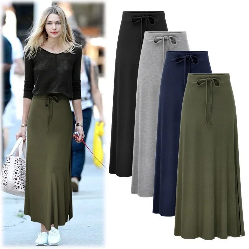 Plus Size Women's Clothing 2025 Fashion Knit Skirt Female High-waisted Long Split A-line Skirt Comforts Women Skirt