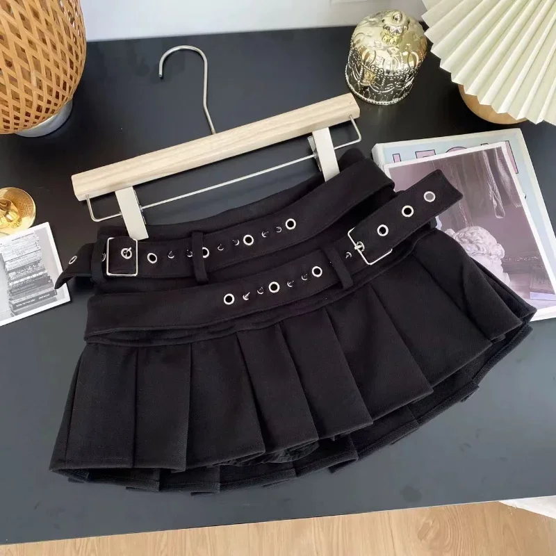2025 Summer Korean Fashion Double Belt Pleated Mini Skirt Women Y2k Vintage Black Grey High Waisted 2000s Hot Girl Kpop Skirts - Image 2