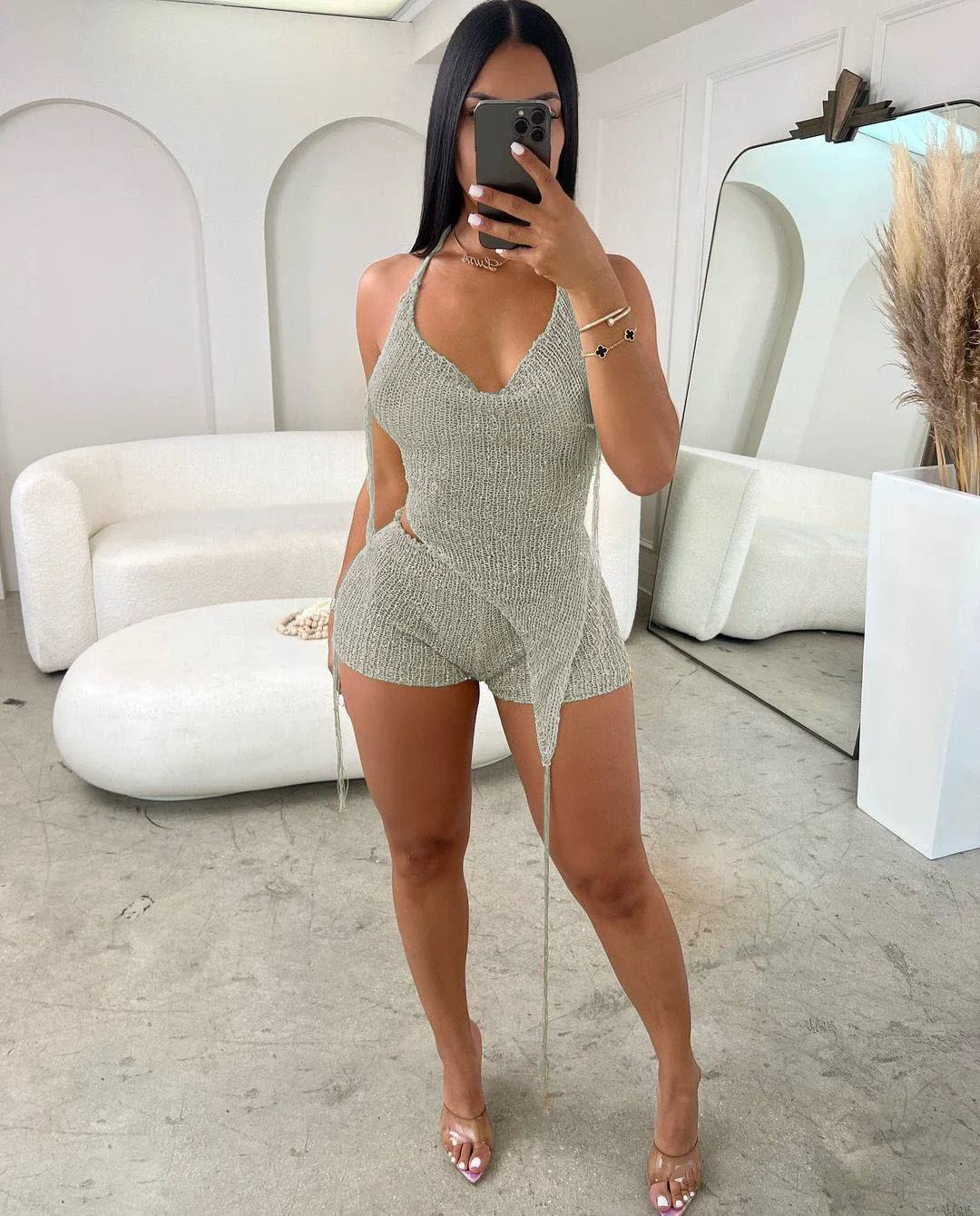 CM.YAYA Knit Ribbed Women's Set Halter Neck Backless Crop Top with Hat Shorts Suit 2023 Summer Two 2 Piece Set Outfit Tracksuit - Image 10