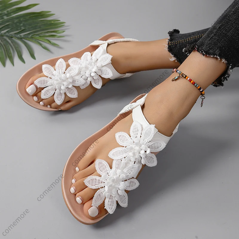 Fashion Shoes Woman White Floral Sandals Women's Clip Toe Sandals Flat Summer Casual Bohemia Flowers Slip on Beach Ladies Shoes - Image 3