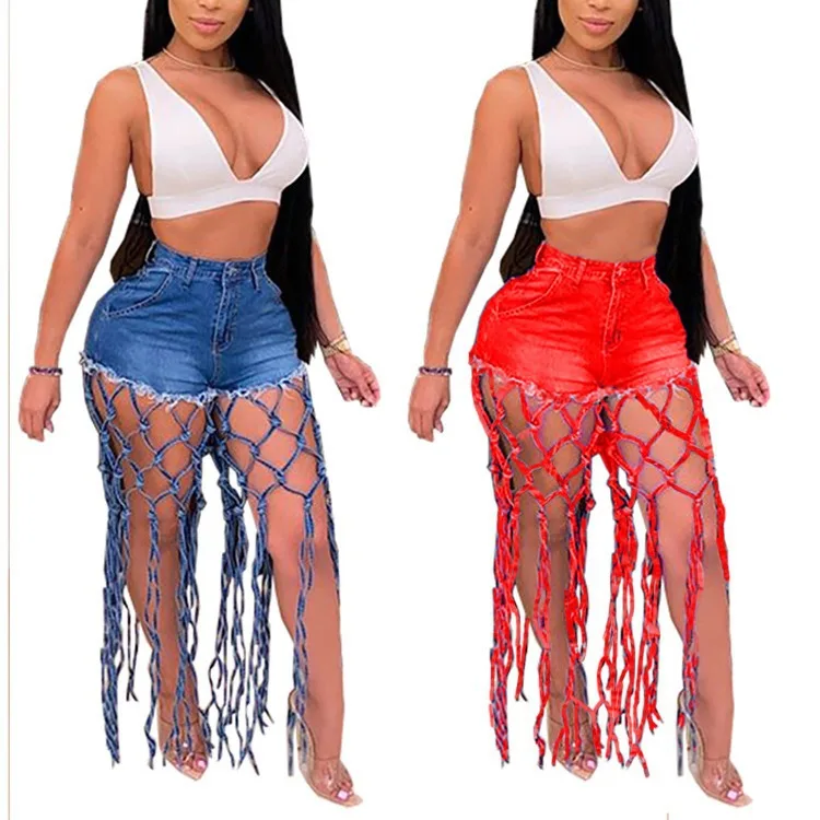 High Waist Denim Shorts Women Tassels Short Jeans Splice Button Pockets Strwwtear Shorts Hot Pant Solid Lady Summer Beach - Image 5