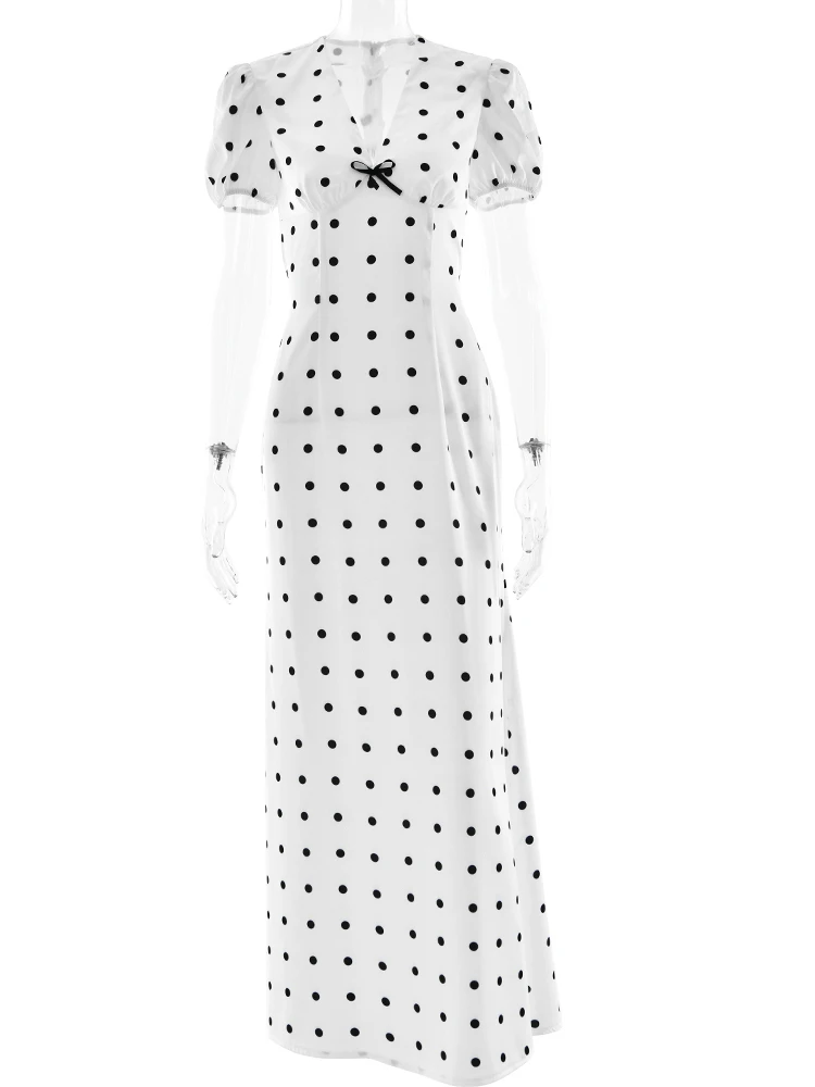 JULISSA MO Sexy V-neck Print Polka Dot Women Maxi Dress White Short Sleeve Lace Up Dress Summer Slim Elegant Party Evening Dress - Image 6