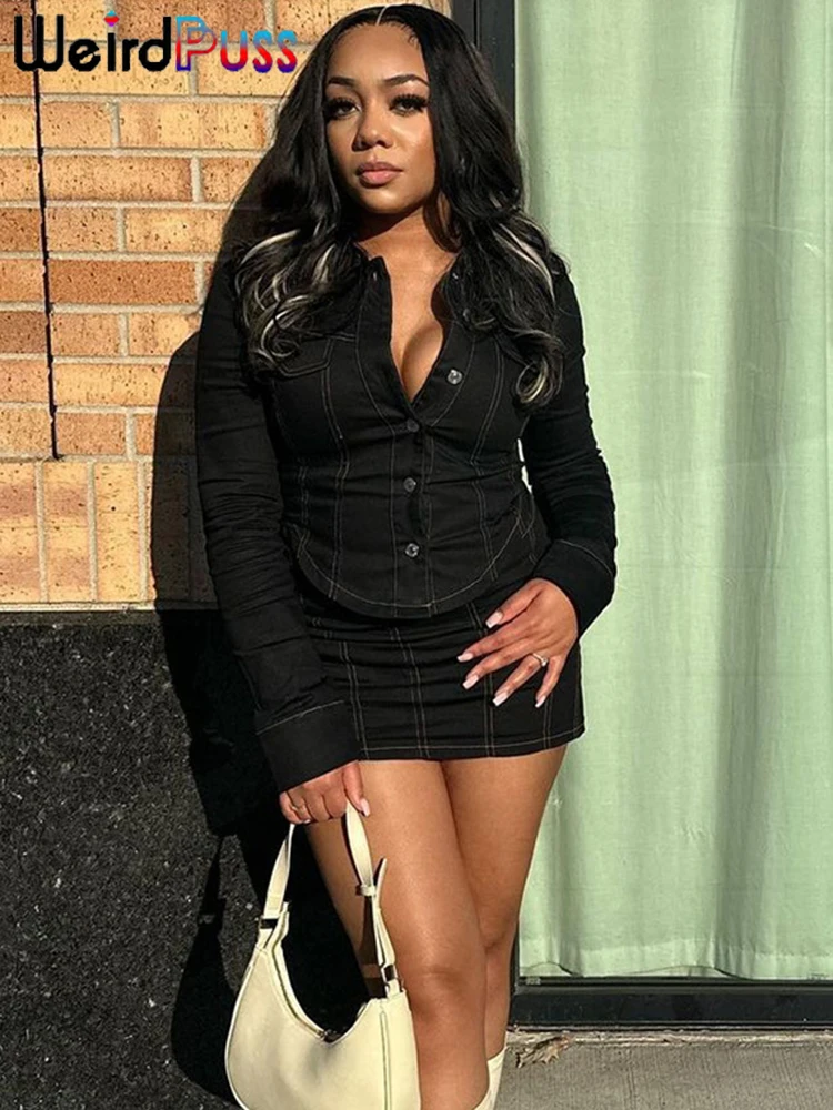 Weird Puss Striped Casual 2 Piece Set Women Cardigan Single-Breasted Full Sleeve Jacket+Skinny Wild Mini Skirt Trend Street Suit - Image 2