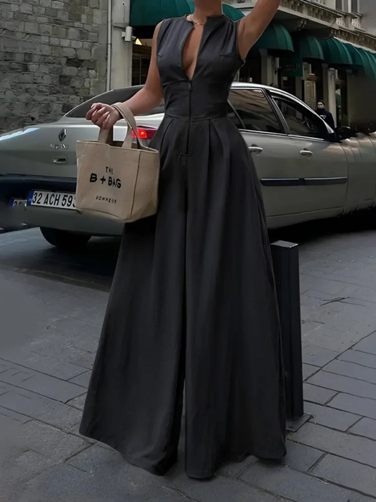 Office Lady Commute Overalls Women 2025 New Summer Solid Color V-Neck Zipper Loose Pockets Fashion Casual Loose Outfits - Image 3