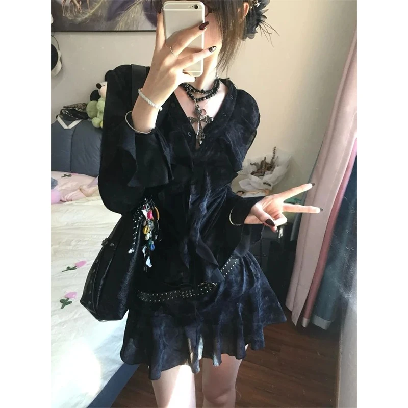 Y2K Ruffles Mini Dress Women Harajuku Vintage Bandage Dresses Summer Gothic Aesthetic Sexy V Neck Long Sleeve Bodycon Vestidos - Image 5
