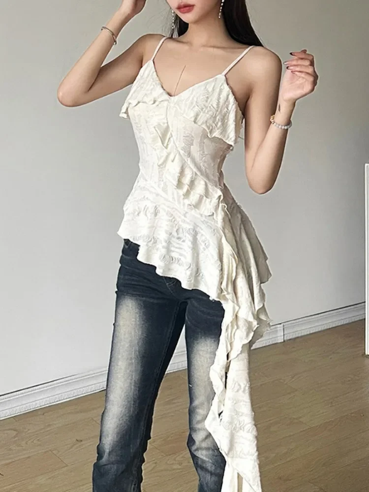 2024 Streetwear Irregular Ruffled Women Backless Camisole Vintage Solid Hole Tanks Summer Grunge Sexy Y2k Aesthetic Long Tops - Image 2