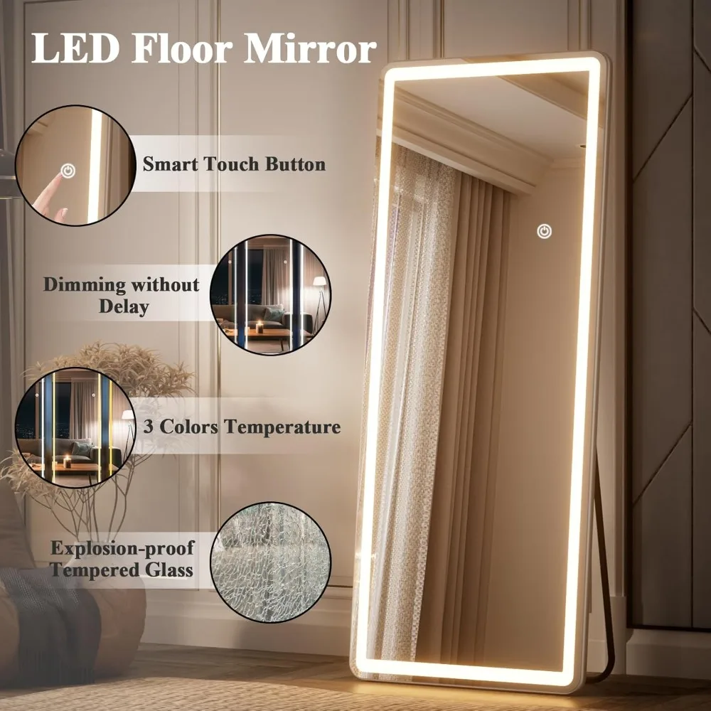 71 inch x 30 inch LED full-length mirror with rounded corners, bedroom/dressing room floor standing, tri color lighting, white - Image 2