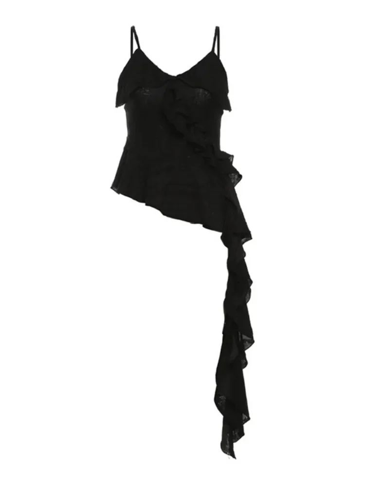 2024 Streetwear Irregular Ruffled Women Backless Camisole Vintage Solid Hole Tanks Summer Grunge Sexy Y2k Aesthetic Long Tops - Image 6