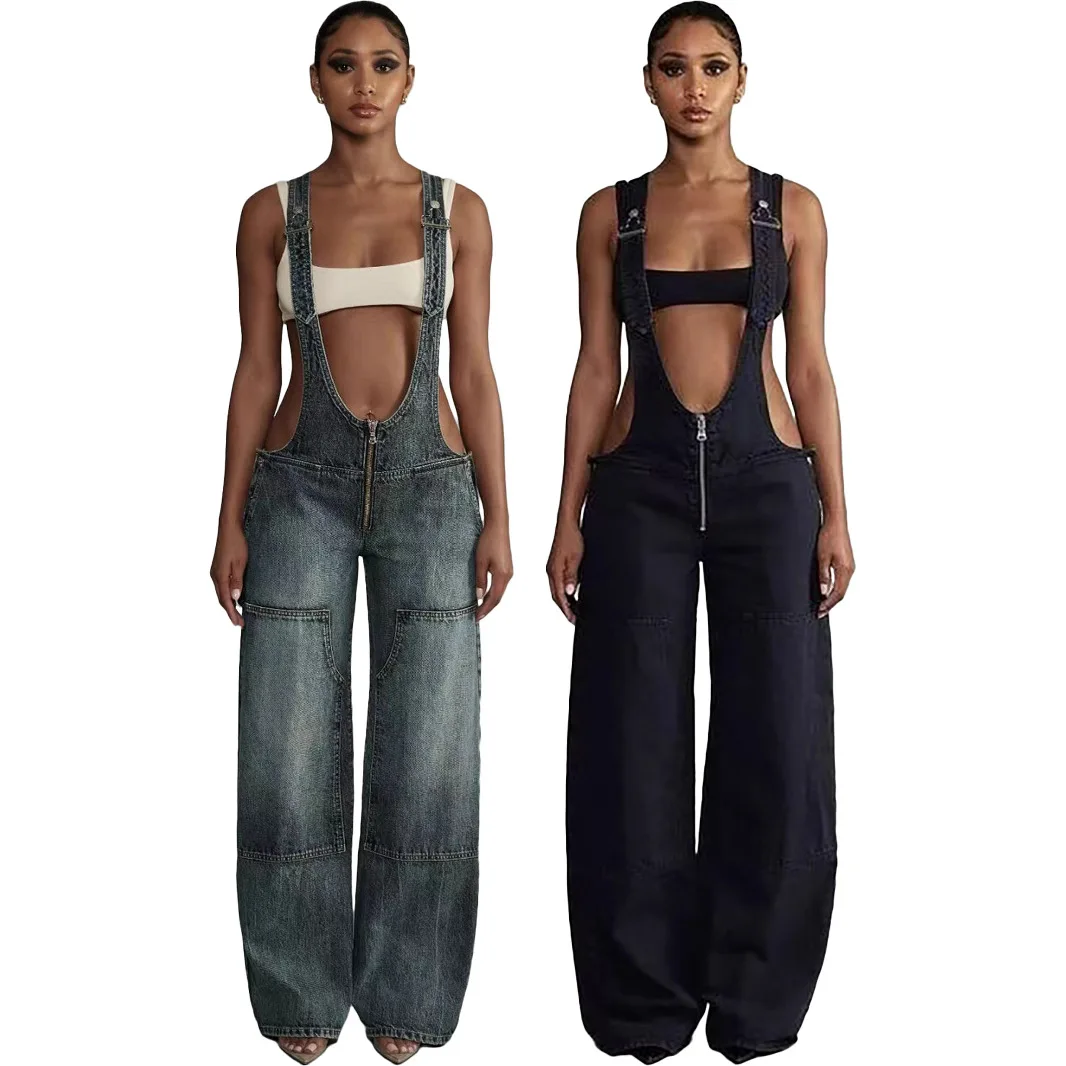 Women's Backpack Pants Street Style Low-waisted Strappy One-piece Wide-leg Jeans Ladies Personalized Hot Girl Pants 2025 New - Image 2