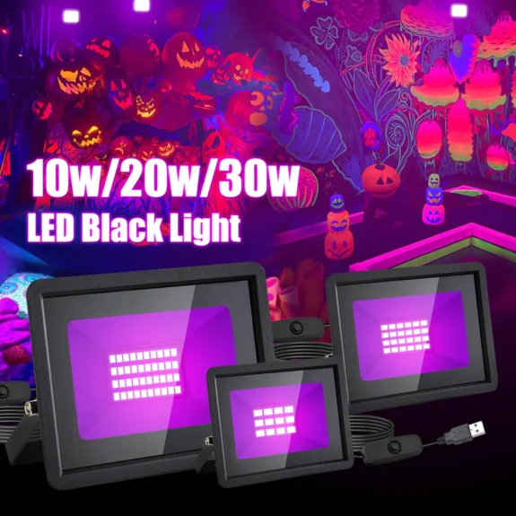 LED UV Black Light 10W/20W/30W Flood Light 365 nm, UV Spotlight with Switch for Holiday Party, DJ, Stage Lighting, Halloween