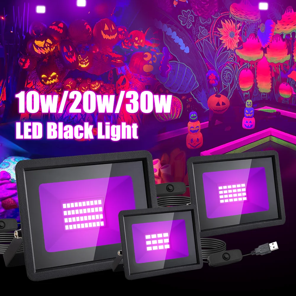 LED UV Black Light 10W/20W/30W Flood Light 365 nm, UV Spotlight with Switch for Holiday Party, DJ, Stage Lighting, Halloween