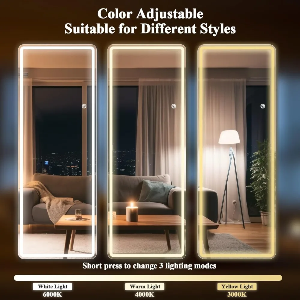 71 inch x 30 inch LED full-length mirror with rounded corners, bedroom/dressing room floor standing, tri color lighting, white - Image 4