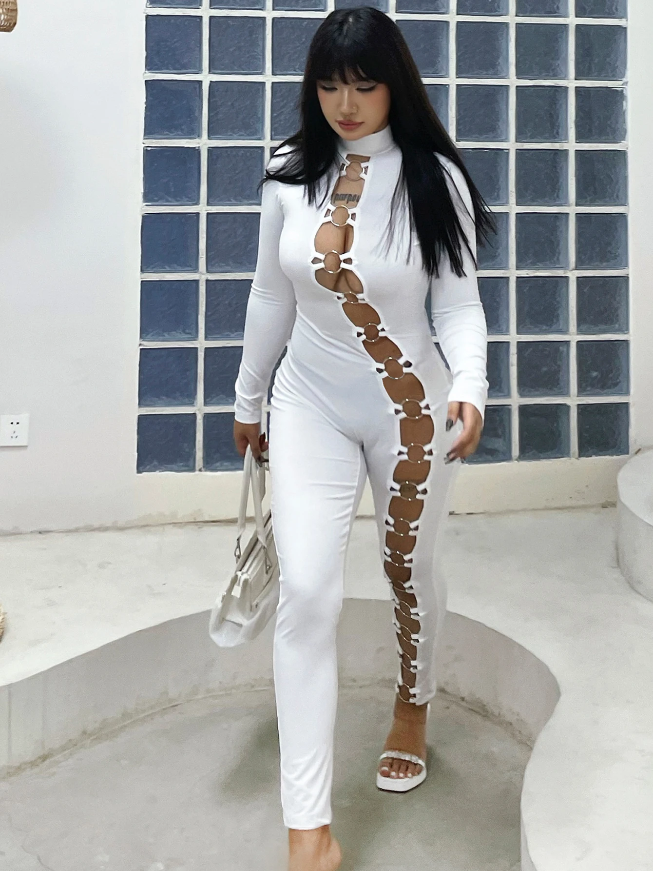 Women's stand up collar tight solid color jumpsuit with metal circle decoration long sleeved all-in-one pants, fitness leggings - Image 3