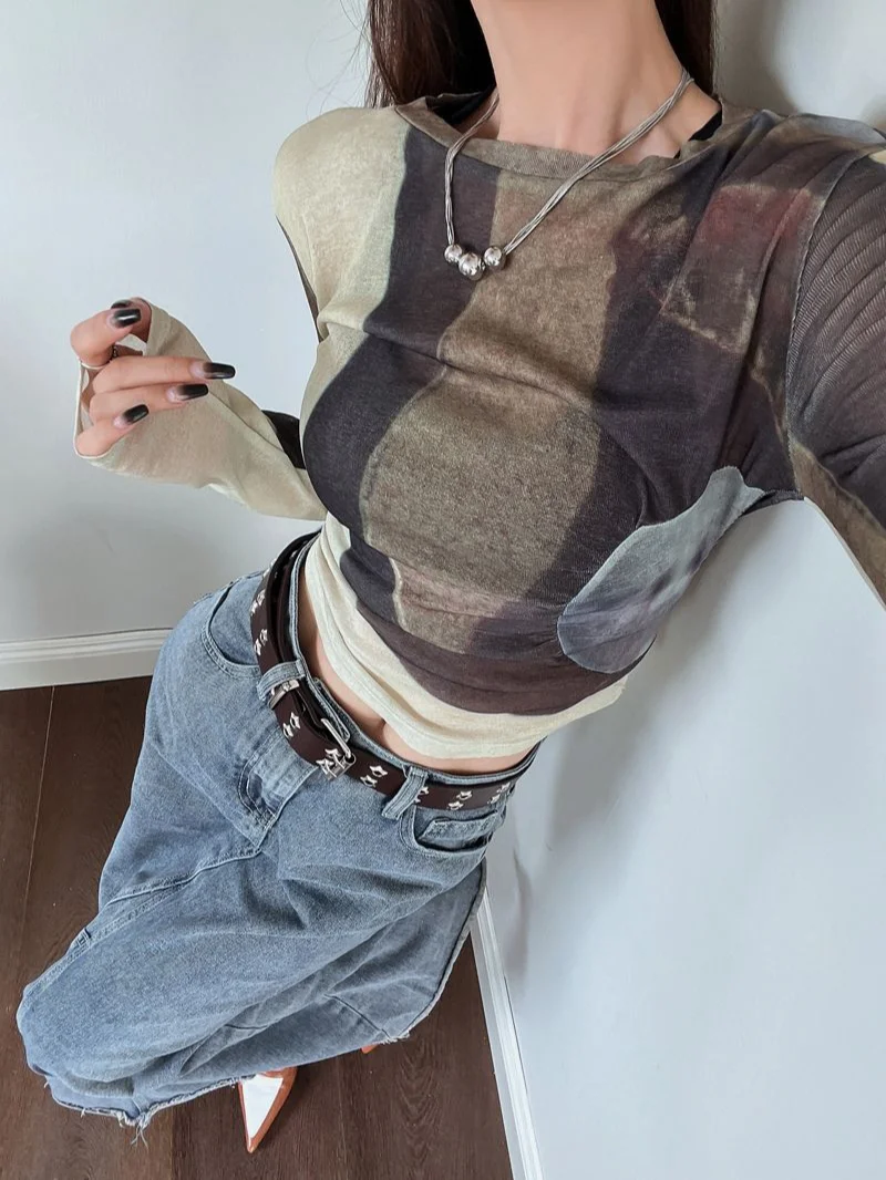 Top Female Tie Dye Spring Autumn Slim Women's Long Sleeve T-shirt Sexy Crop Y2k Fashion Korea Goth Cheap Clothing Sales Clothes - Image 3