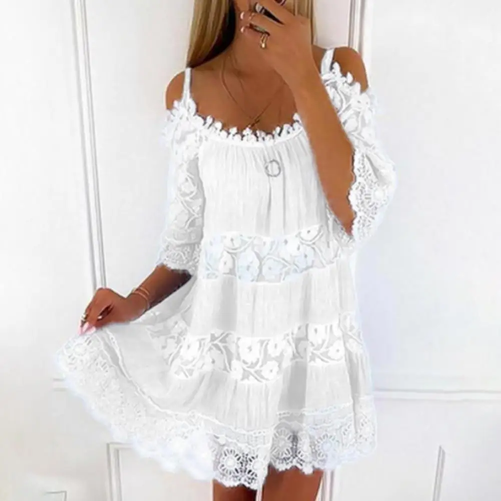Embroidery Crochet Lace Cold Shoulder Mini Dress Women Scoop Neck Half Sleeves Mid-Rise Loose Fit Summer Dress Lady Beach Dress - Image 2