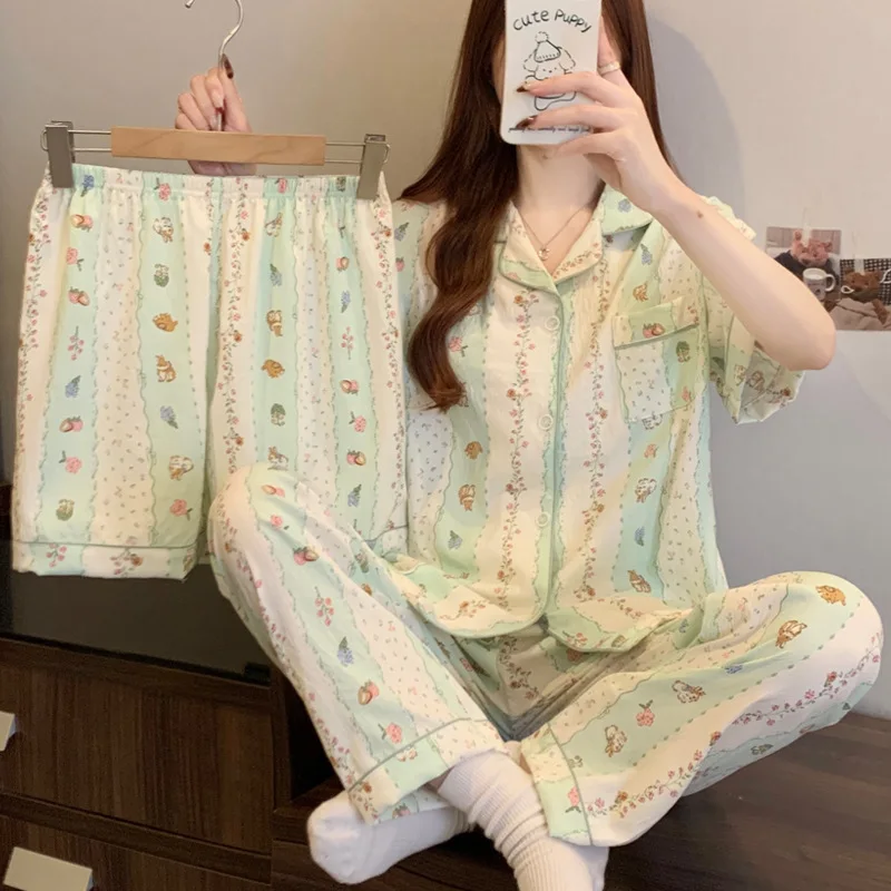 Women's Plus Size Pajamas Three-Piece Small Floral Short Sleeve Trousers Student Loungewear Cardigan Shorts Set Girl Nightwear - Image 7
