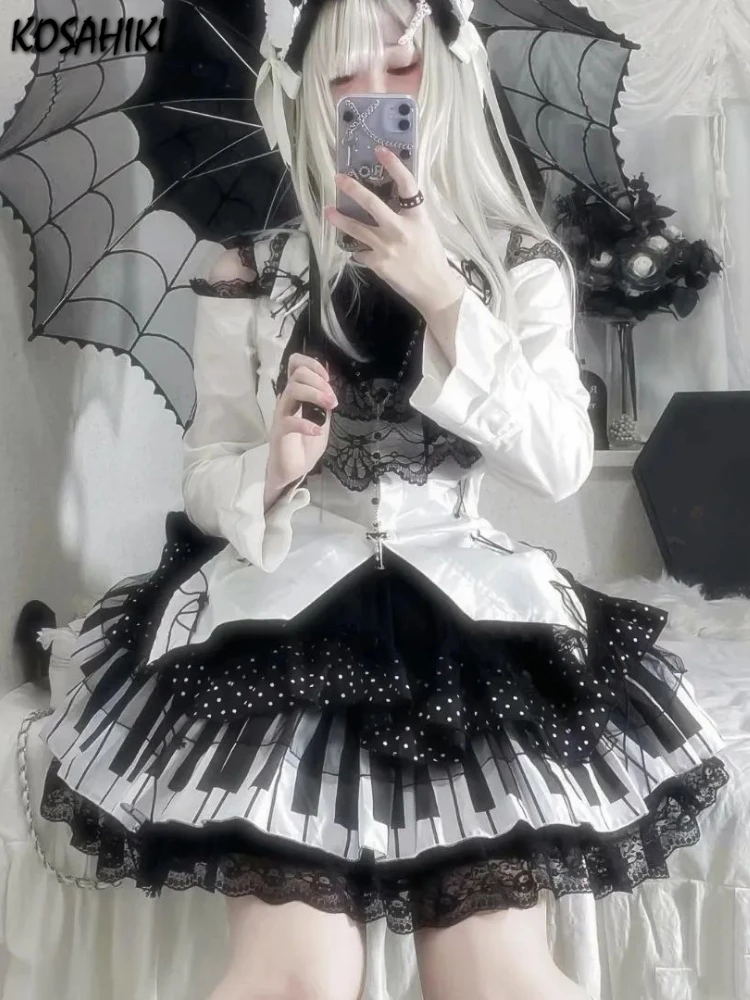 Harajuku Black White Grunge Skirts Women Y2k Aesthetic High Waist Cake Mini Streetwear Lace Patchwork Vintage Kawaii Mini Jupe - Image 2