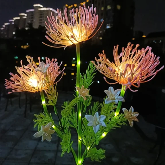 Solar 3 Heads Seashore Flower Spike Lights with Glowing Flowers & Stems Outdoor LED Lamp for Pathway Yard Garden Lawn Decoration