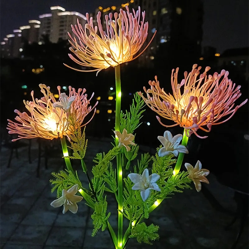 Solar 3 Heads Seashore Flower Spike Lights with Glowing Flowers & Stems Outdoor LED Lamp for Pathway Yard Garden Lawn Decoration