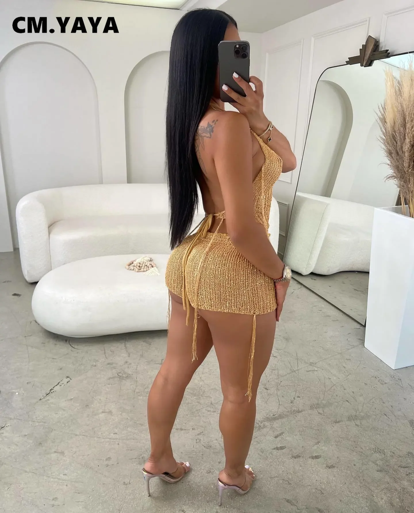 CM.YAYA Knit Ribbed Women's Set Halter Neck Backless Crop Top with Hat Shorts Suit 2023 Summer Two 2 Piece Set Outfit Tracksuit - Image 2