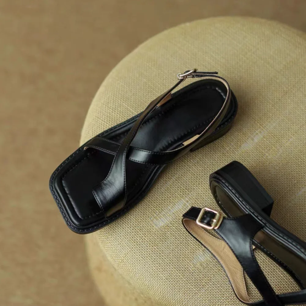 Women Sandals French Retro Sandals Women's Flat Roman Word with Beach Low Heel Sandals Wide Heels Women Sandalias De Mujer - Image 2