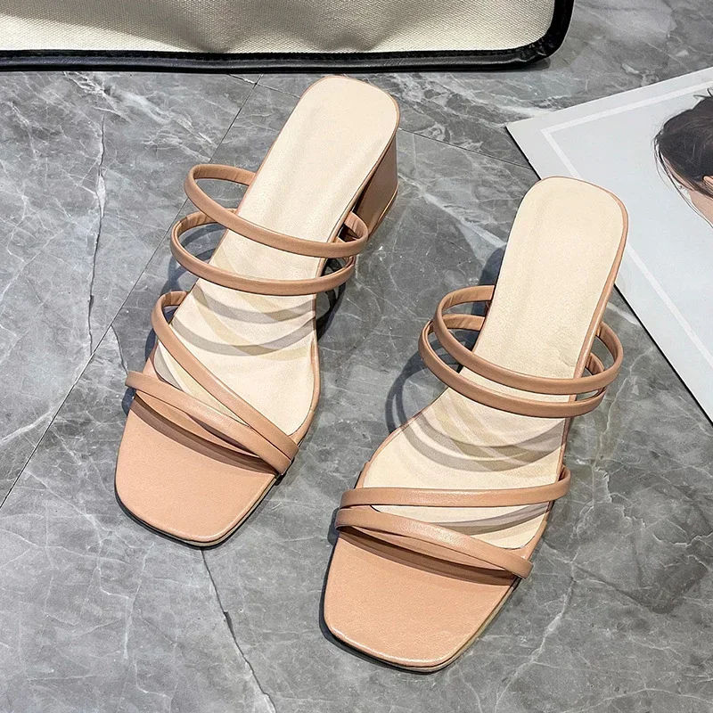 Women Sandals Ladies Square Heels Elegant Summer Slippers Outside Cross Tied Leather Female Slides 2025 Fashion Woman Sandals - Image 5