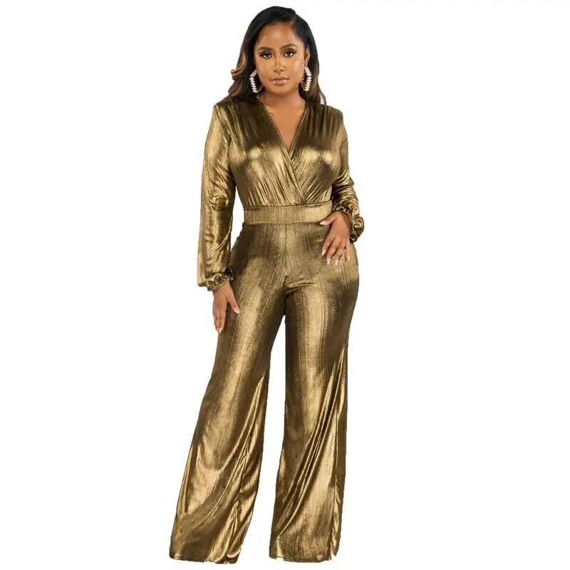 Glitter Metallic Party Nightclub Jumpsuit Women 2023 Autumn Elegant Long Sleeve High Waist Wide Leg Trousers Romper For Women - Image 4