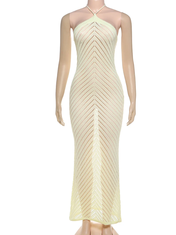 Weird Puss Sexy Crochet Dress Women Vacation See Through Sleeveless Backless Skinny Stretch Beach Midnight Elegant Maxi Bodycon - Image 6