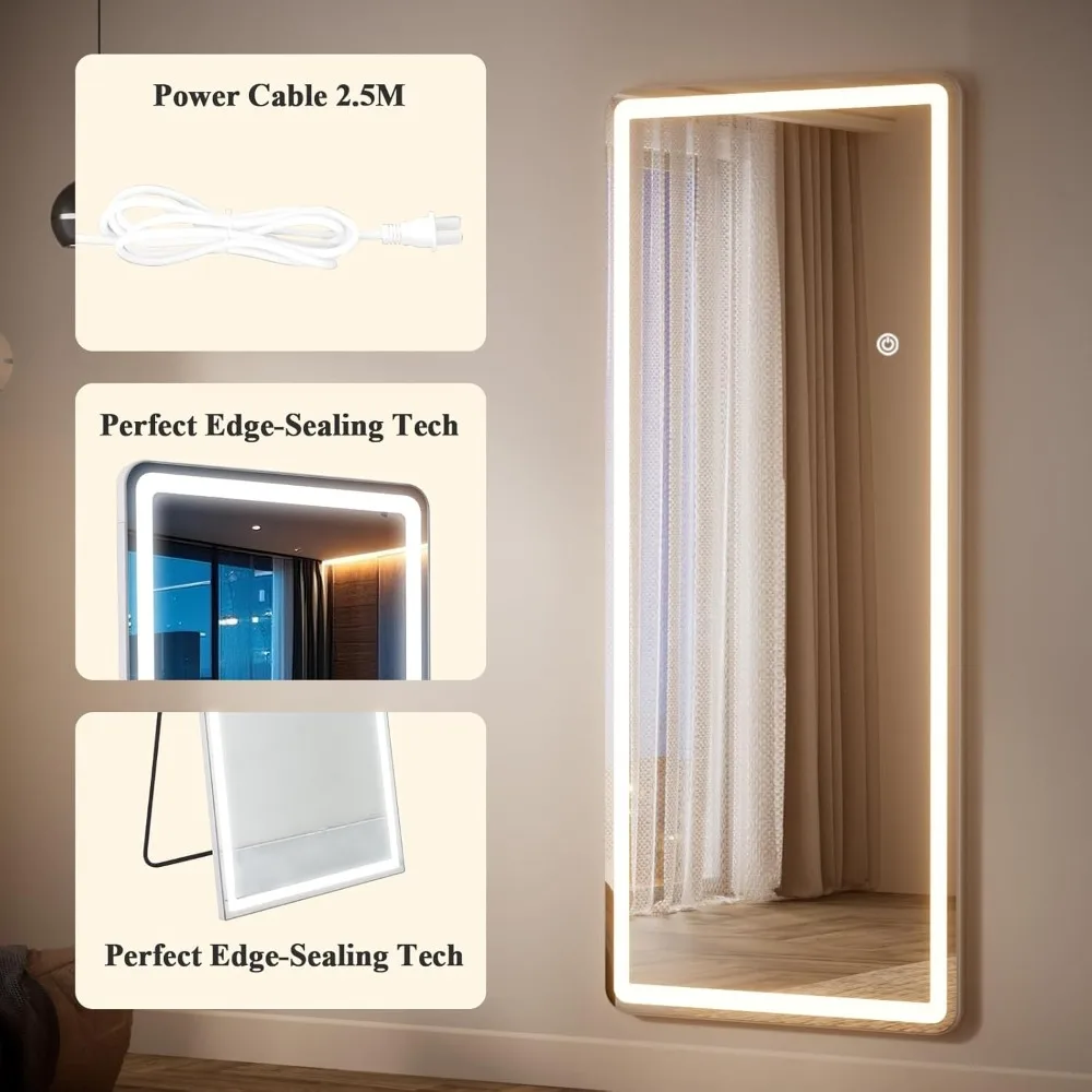 71 inch x 30 inch LED full-length mirror with rounded corners, bedroom/dressing room floor standing, tri color lighting, white - Image 3