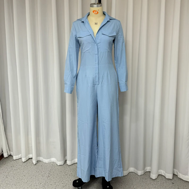 Wefads Women Jumpsuit Fashion Solid Long Sleeve Lapel Single Breasted Button Nipped Waist Wide Legs Long Jumpsuit Streetwear - Image 4