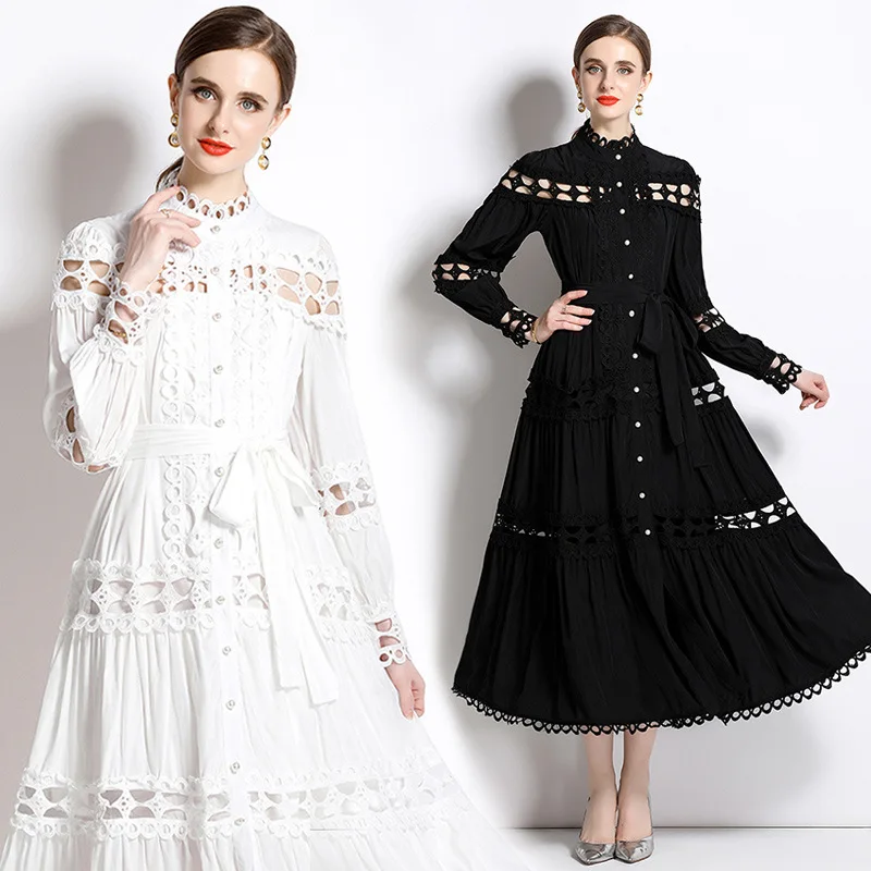 Plus Size Dresses Women's Clothing Summer Dress 2025 Elegant Lace Patchwork Hollow Out White Wedding Guest Beach Sundress - Image 4