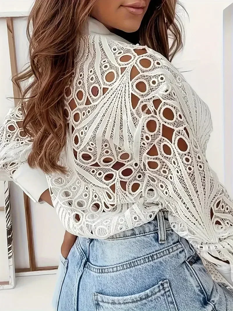 Women Plus Size 1XL-5XL Casual New Lace Hollow Long Sleeve Shirt Tops Lapel Elegant Lady Blouse Top  FashionButton Shirts - Image 3