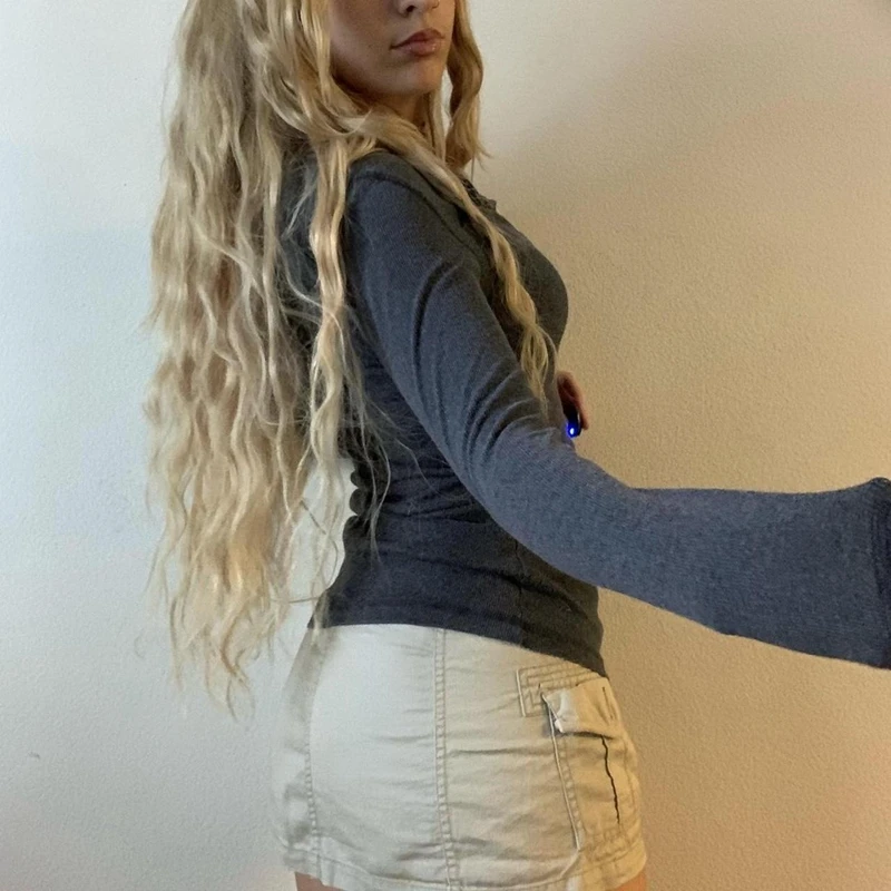 2000s Vintage Y2K Women Basic Crop Top Fairy Grunge Long Sleeve Button Slim Fit Brown Tee Harajuku Aesthetic T-shirt Streetwear - Image 4