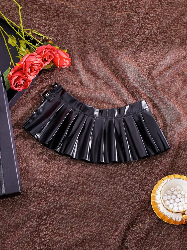 Sexy PU Leather Pleated Skirt Women Solid Basic Mini Skirt Low Waist Skirt Female Nightwear Micro Bikini Skirts Nightclub Skirts - Image 6