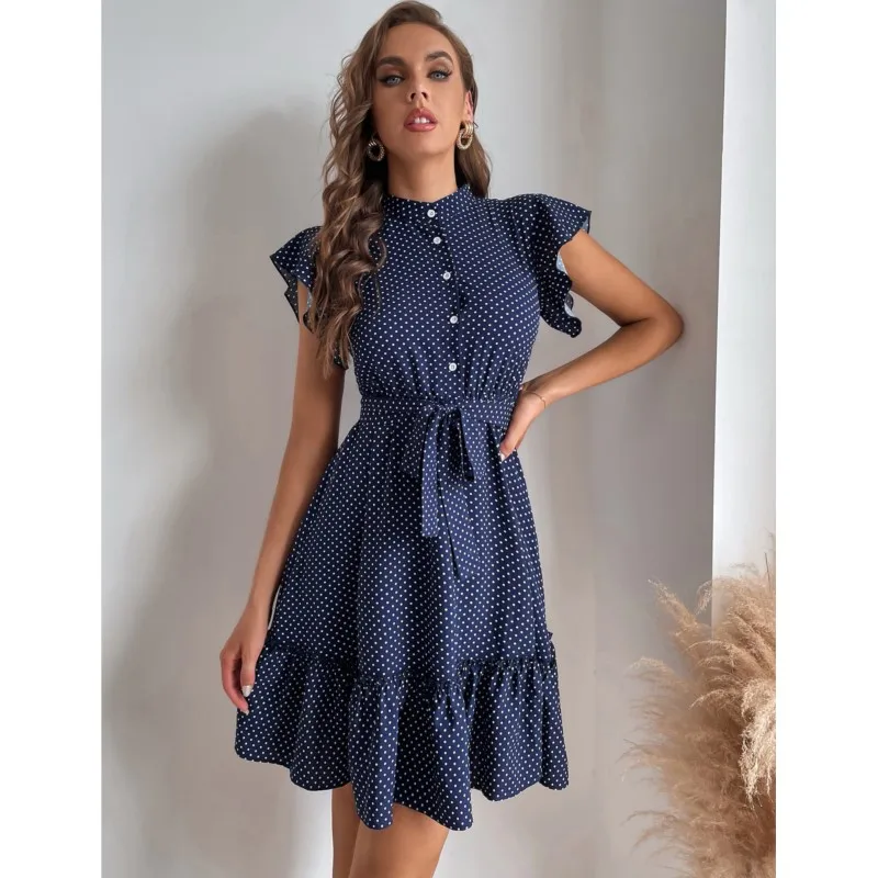 Women's Dot Mini Dress European And American Fashion And Elegant Belt Lotus Leaf Sleeve Dresses For Women Apricot Pink - Image 3