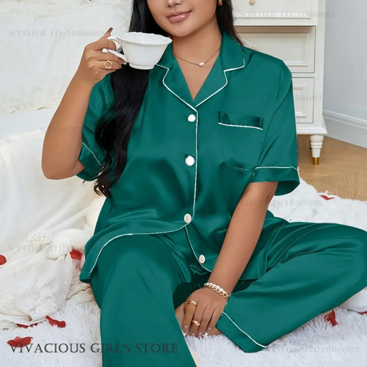 Plus Size 3XL 4XL 5XL Women's Sleepwear Pajamas Set Spring Summer Short Sleeve Trouser Suits Loungewear Loose Satin Homewear - Image 3