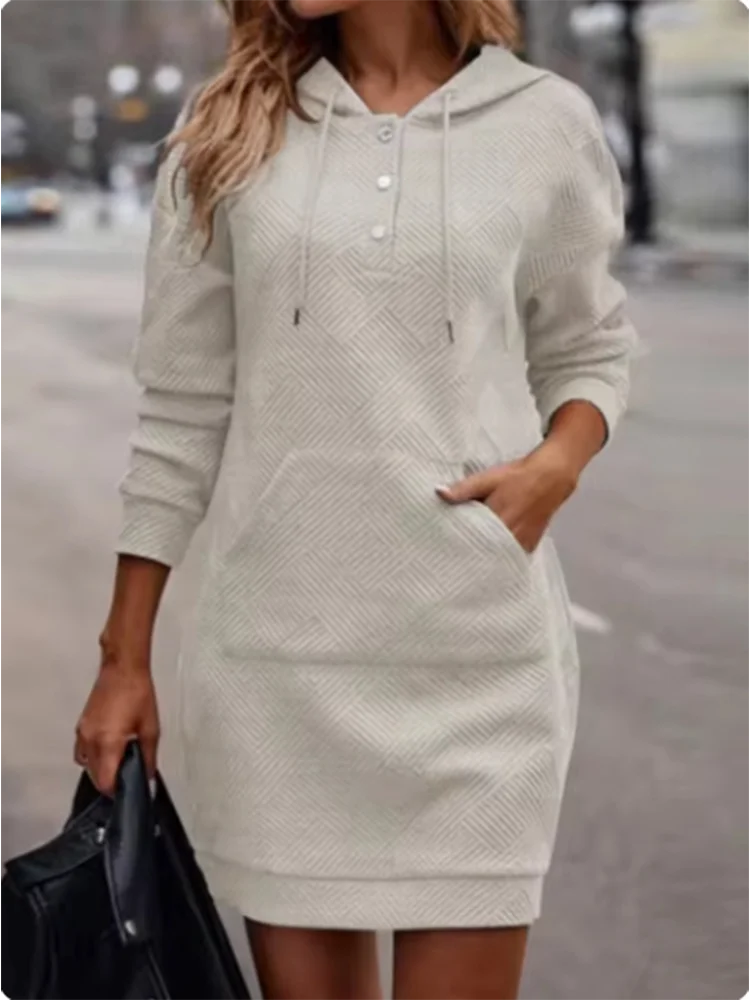 Button Hooded Pocket Pullover Top Women's High Street Casual Comfortable Autumn Winter Solid Color Mini Dress - Image 2