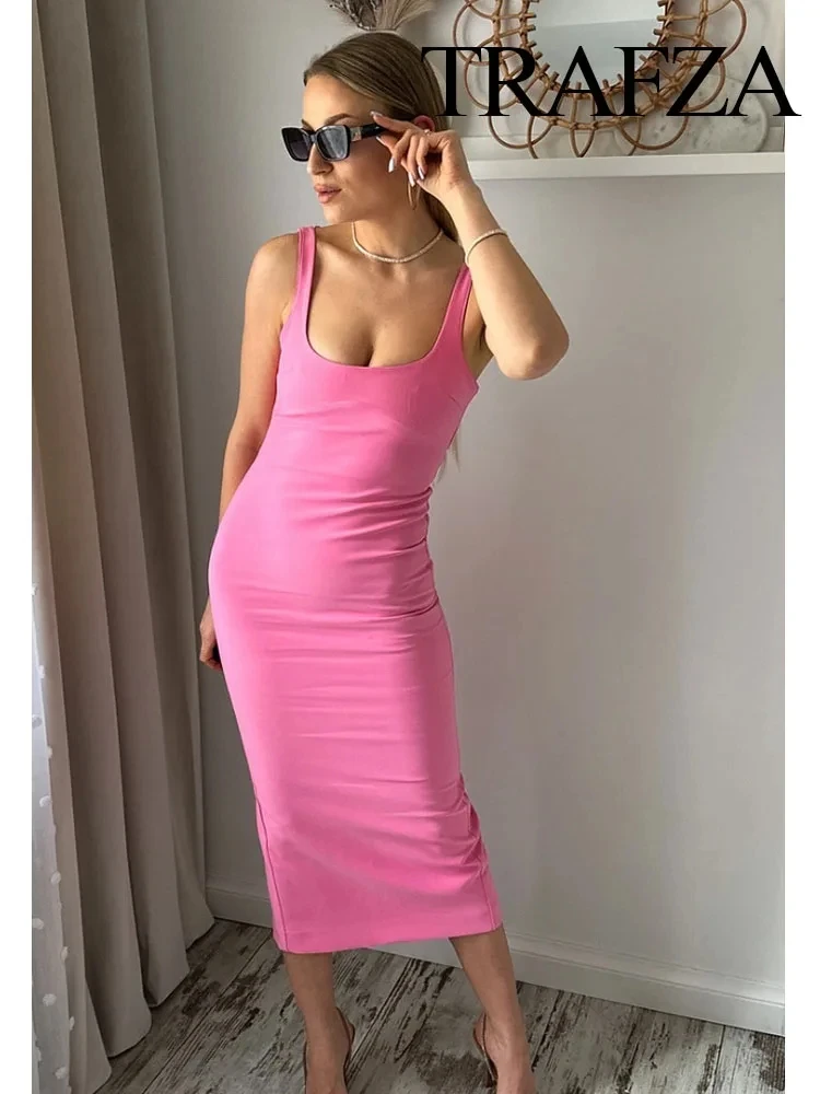 TRAFZA Women Tricolor Evening Dresses Chic Back Zipper Slit Hem Slim Party Dress Female Fashion Sexy Sleeveless Backless Dress - Image 6