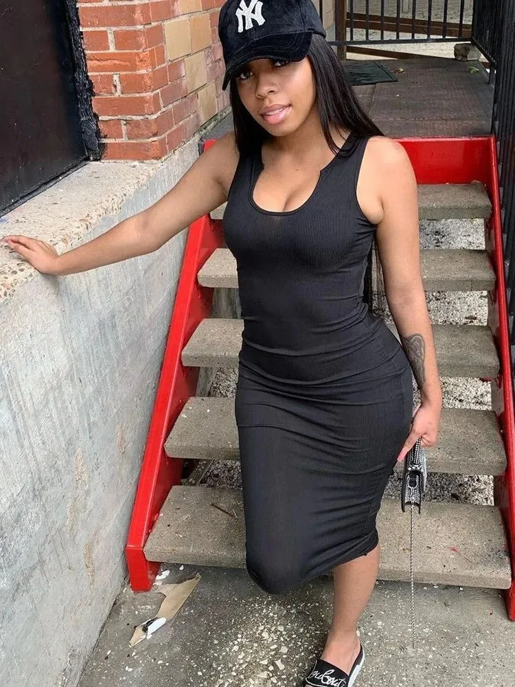 Sifreyr Ribbed V Neck Tank Long Dress Women Solid Sleeveless Bodycon Maxi Dress Sexy Streetwear Party Club Outfits Slim Sundress - Image 5