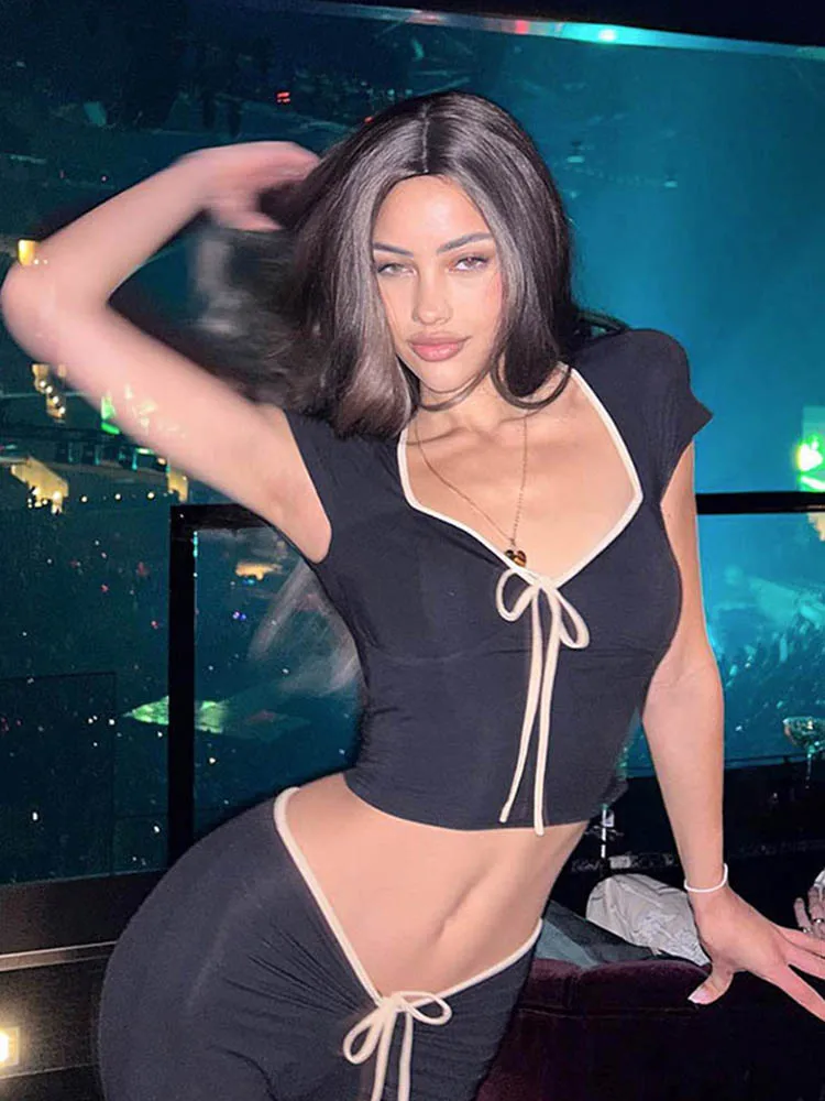 Y2k Summer Crop Top Bow Baby Tees Womens Clothes 2023 Chic Cute Low Cut Short Sleeve T Shirts Blackc - Image 2