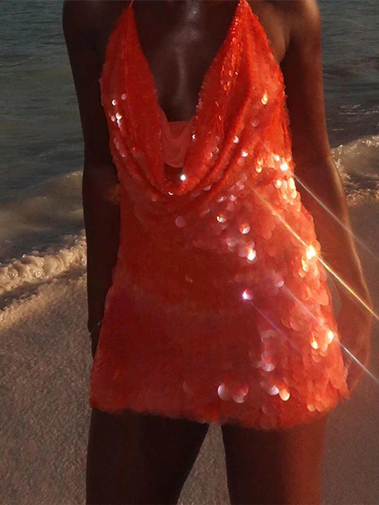 Fashion Halter Sequin Mini Dress Women V-neck Sleeveless Lace Up Backless Pleated Dresses 2025 Summer Chic Lady Beach Vestidos - Image 4