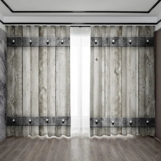 2PC Home Decoration Curtains, Retro Gray Brown Wooden Door With Rod Pocket Curtains, Kitchen, Coffee Shop, Living Room, Balcony