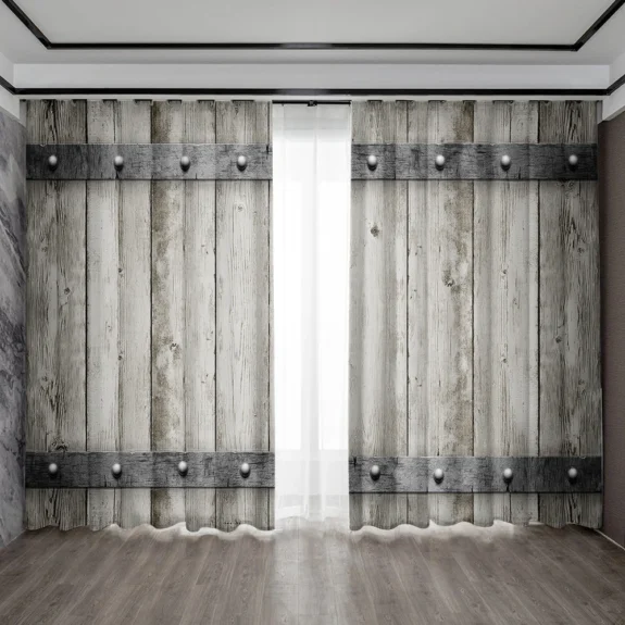 2PC Home Decoration Curtains, Retro Gray Brown Wooden Door With Rod Pocket Curtains, Kitchen, Coffee Shop, Living Room, Balcony