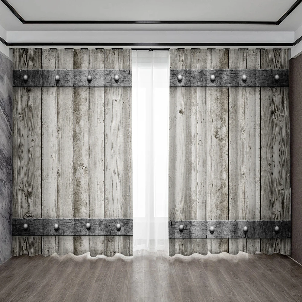 2PC Home Decoration Curtains, Retro Gray Brown Wooden Door With Rod Pocket Curtains, Kitchen, Coffee Shop, Living Room, Balcony