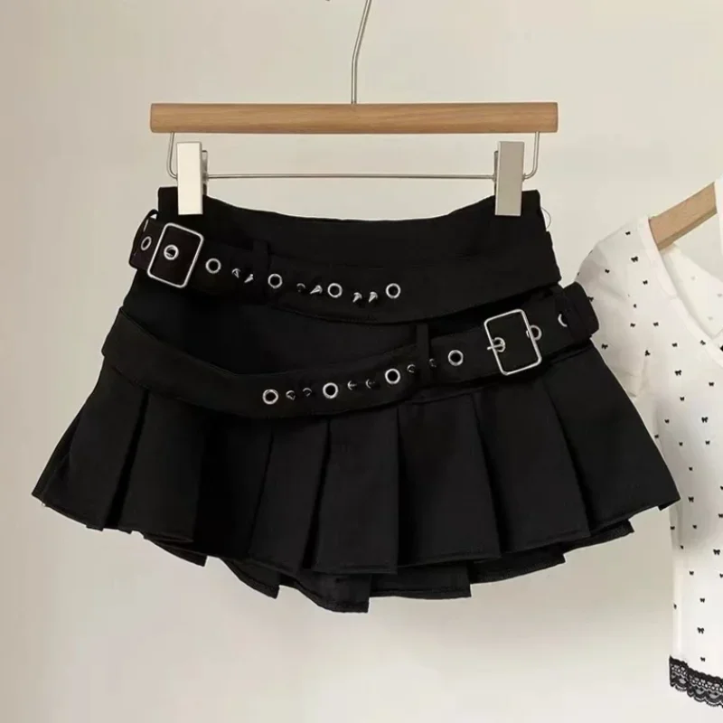 2025 Summer Korean Fashion Double Belt Pleated Mini Skirt Women Y2k Vintage Black Grey High Waisted 2000s Hot Girl Kpop Skirts - Image 6