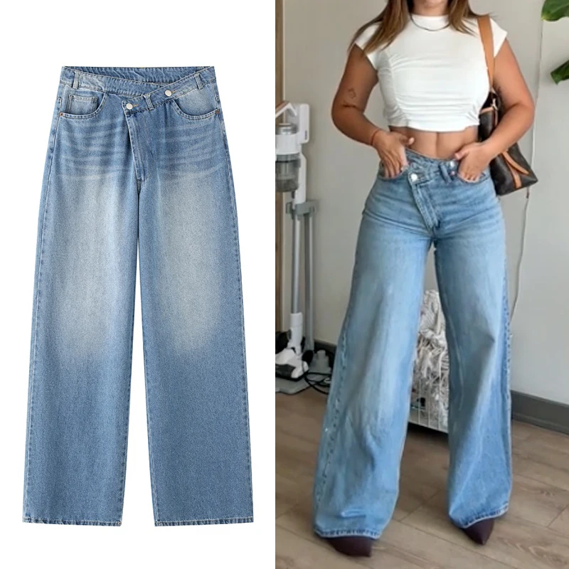 TRAF High Waist Baggy Jeans 2025 Women's Spring Summer Y2k Wide Leg Long Pants Fashion Casual Elegant Blue Denim Trousers