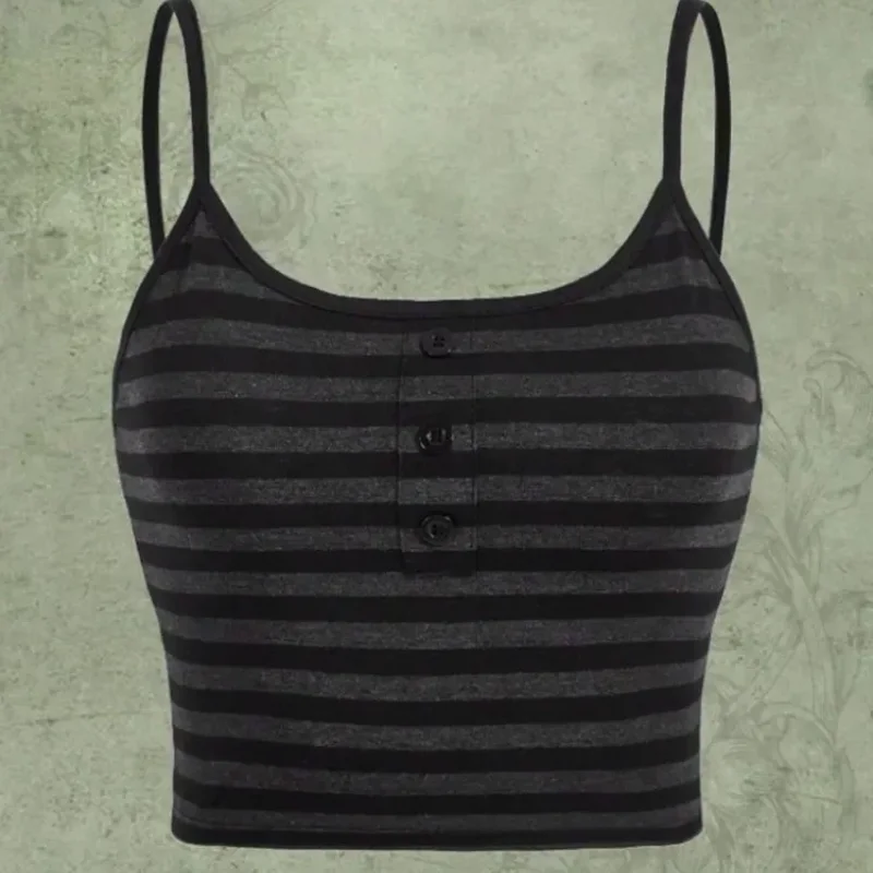 2025 Women's Summer Y2K Goth Punk Crop Top - Striped Button Sleeveless   High Street Fashion Streetwear