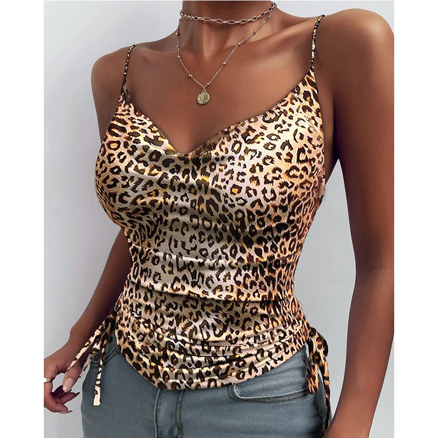 Women V Neck Sleeveless Slim Y2K Camisole Summer Lady Leopard Floral Print Lace Up Pleated Camis Tank Tops BYJFZ-BYJ107 - Image 9