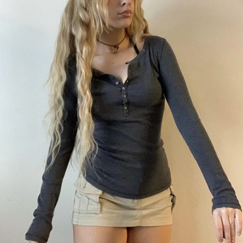 2000s Vintage Y2K Women Basic Crop Top Fairy Grunge Long Sleeve Button Slim Fit Brown Tee Harajuku Aesthetic T-shirt Streetwear - Image 3